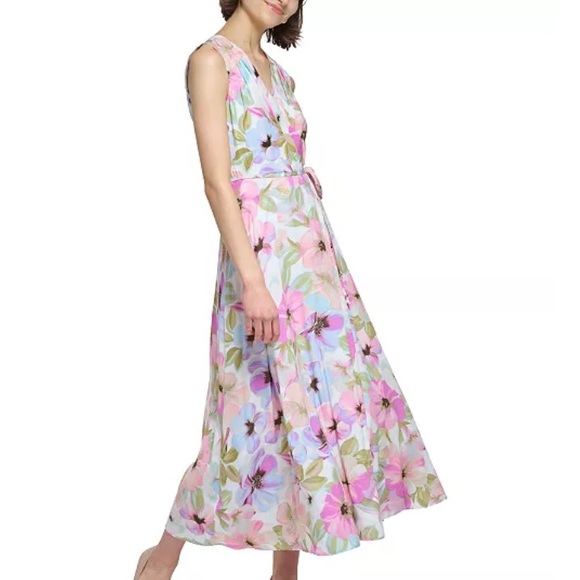 Calvin Klein Dresses & Skirts - Calvin Klein White Flora Print Wrap Flowy Maxi Dress Feminine Surplice Neckline